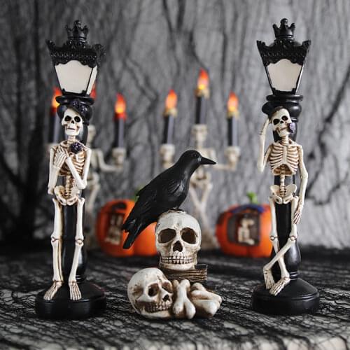 1 Pair Halloween Skull Skeleton Candle Holder LED Light Vintage Villages Miniature Ghost Street Lamp Home Party Decoration