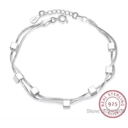 925 Sterling Silver Bracelet Square Box Star Double Chain Adjustable Bracelet Anklet For Women pulseira S-B167