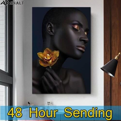 Canvas Decorativas Abstract African Women Wall Art Canvas Golden Rose Figure Painting for Home Poster and Prints For Living Room