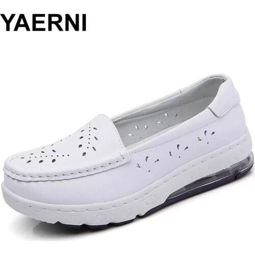 YAERNI Summer Hollow Out White Loafers Women Nurse Flats Shoes Leather Slip On Moccasins Ladies Round Toe Casual Female Walking