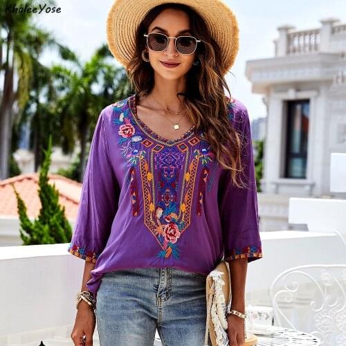 KHALEE YOSE Boho Embroidery Blouses Shirt Purple Autumn Hippie Mexican Shirts Plus Size 2xl 3xl Ethnic Retro Chic Ladies Top