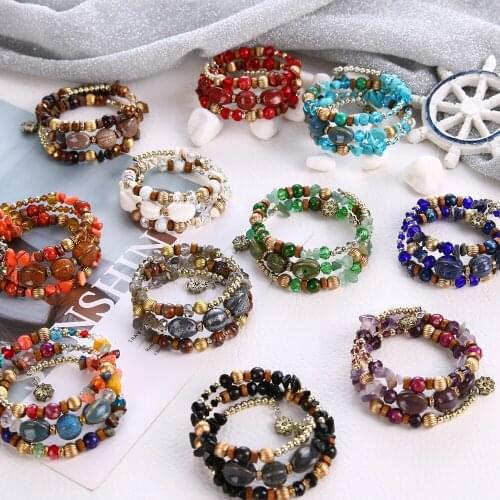 European and American Retro National Style Bracelet Multi-Layer Handmade Beaded Colored Stone Elastic Bracelet Ornament