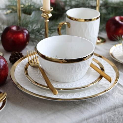 British gold rimmed ceramic cutlery plate, bowl, cup and dish Christmas