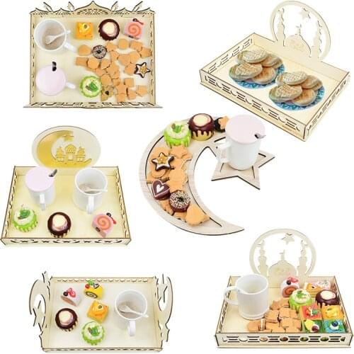 EID MUBARAK Wooden Food Tray Dessert Cake Tea Holder Ramadan Decoration Islamic Eid Party Supplies Wood Ornament for Home Decor