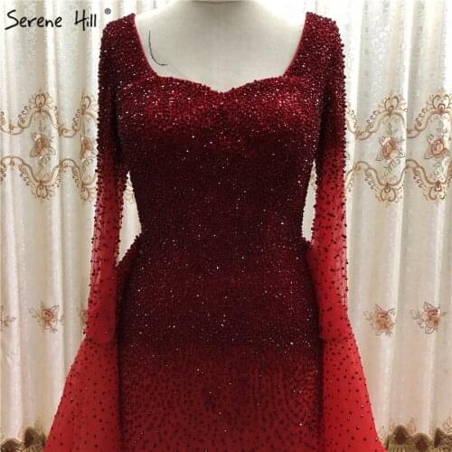 Dubai Design Green Luxury Tulle Evening Dresses Crystal Beading Long Sleeve Sexy Evening Gowns Serene Hill DLA6319