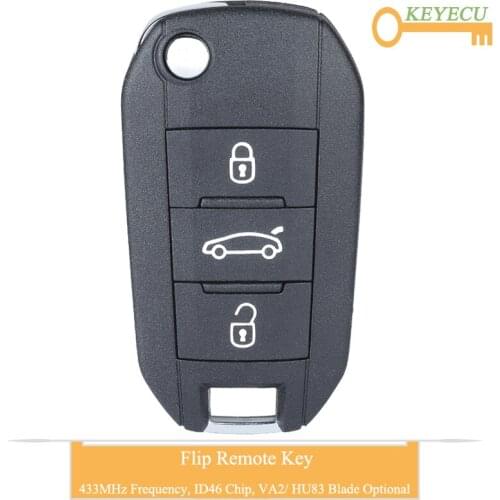KEYECU Flip Folding Remote Control Car Key for Peugeot 508, Fob 3 Buttons - 433MHz Frequency - ID46 Chip - VA2/ HU83 Blade