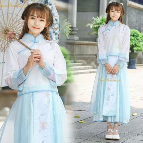 Halloween Cosplay Costume Women Chiffon Hanfu Print Flower Buttonhole Loop Han Chinese Clothes Adult Cosplay Dress For Girl