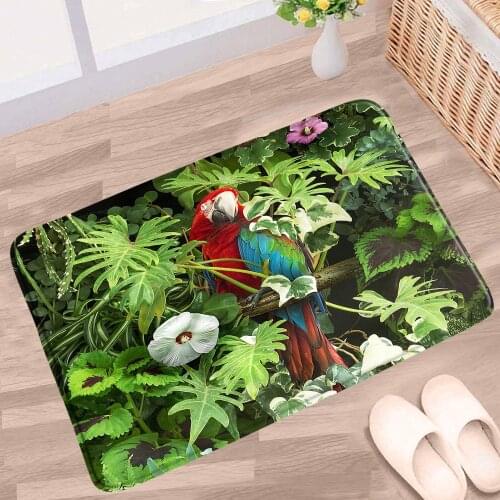 Doormat Parrot Bathroom Mat Tropical Plants Flowers Green Leaves Colorful Bird Non-Slip Rugs Toilet Kitchen Doorway Aisle Carpet