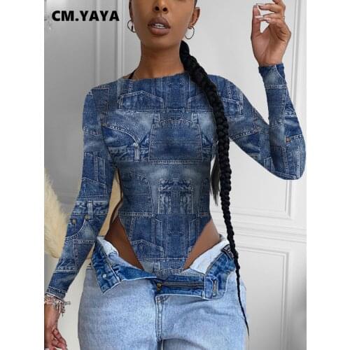 CM.YAYA Fake Jeans Print O-neck Long Sleeve Bodycon Bodysuit for Women Sexy Streetwear Fall winter one piece overall Tops