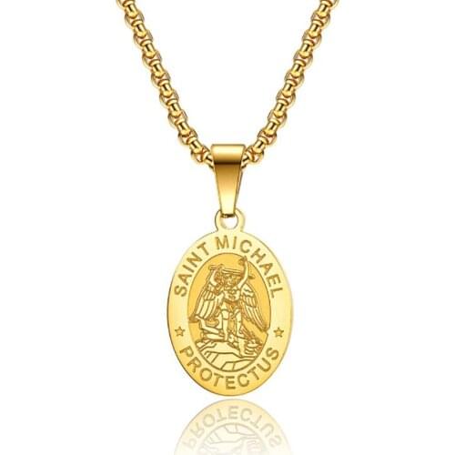 Stainless Steel Gold Christ Religious Saint Michael Oval Pendant Necklace Jewelry Gift For Him with Chain
