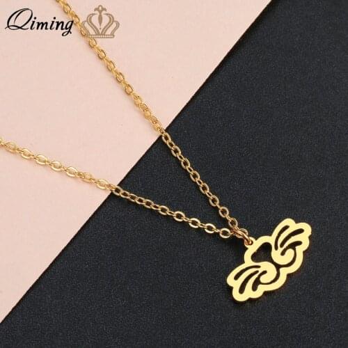 QIMING Oragami Gold Silver Face Cat Kids Pendant Necklace Female Women Lovely Cute Stainless Steel Animal Lover Gift