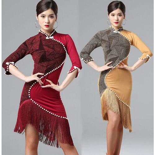 Pear Latin Dress Women Performance Dancewear Tassel Skirt Dance Competition Dresses Adult Sexy Fit Cheongsam Dance Dress DB1253