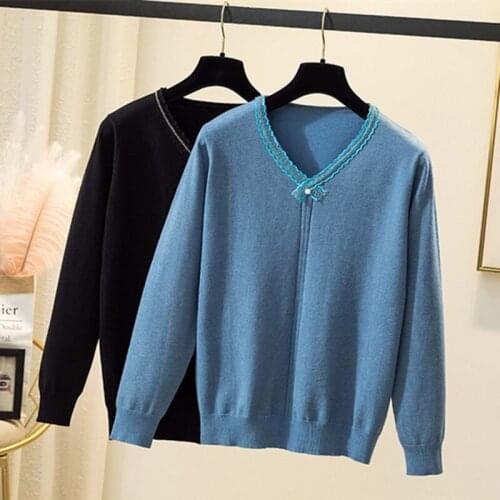 4XL casual autumn winter Thick oversize sweater pullovers Women basic loose cashmere sweater female V neck Beading knit jumper