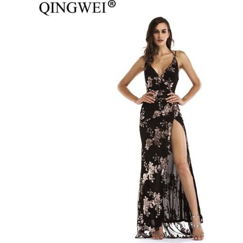 QINGWEI Sexy lace up halter sequin party dresses women High split maxi dress festa female Christmas 2019 long dress vestidos