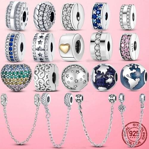Silver Clasp 925 Sterling Silver CZ pave Clip Charm Daisy Beads Stopper fit Original Pandora Bracelet 925 Silver Jewelry Clip