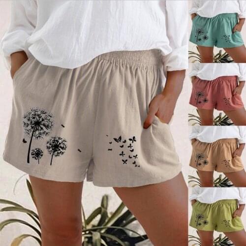 Summer Fashion New Casual High Waist Dandelion Solid Color Print Cotton and Linen Pocket Shorts Women Clothing