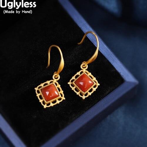 Uglyless Fence Hollow Square Brincos Bijoux for Women Meaty Square Agate Earrings Ethnic Gold 925 Silver Cube Jewelry Gemstones