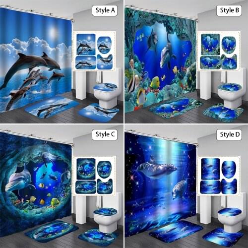 Ocean Dolphin Waterproof Fabric Shower Curtain Anti-skid Rugs Toilet Lid Cover Bath Mat Set 3D Oceans Design Bathroom Curtains