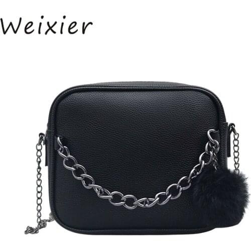 WEIXIER Small Designer Chain Women Bag Leather bag Women Messenger Bags PU Shoulder Crossbody Bag with Plush Ball Toy V1-06