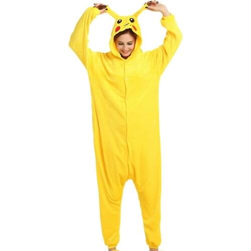 Yellow Cartoon Anime Kigurumi Onesie Adult Women Animal Pajamas Suit Flannel Warm Sleepwear Onepiece Winter Warm Pijama Cosplay