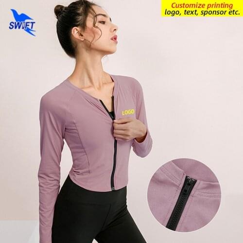 Customize LOGO Women Long Sleeve Running Shirts Sexy Zipper Yoga T-shirts Solid Quick Dry Fitness Gym Crop Tops Sportswear