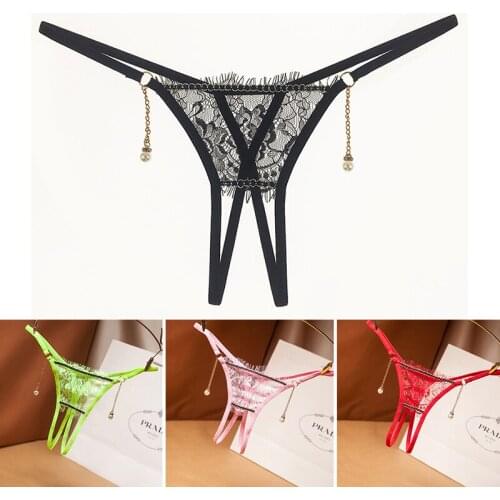 Womens Open Crotch Lace Panties Low Waist Perspective T-back With Pendant String Sex Thong For Flirting Нижнее Белье Женское