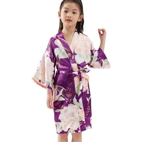 Girls' Floral Satin Kimono Purple Robe Peony Flower Girl Bathrobe Getting Ready Robe for Wedding Spa Party Birthday Gift