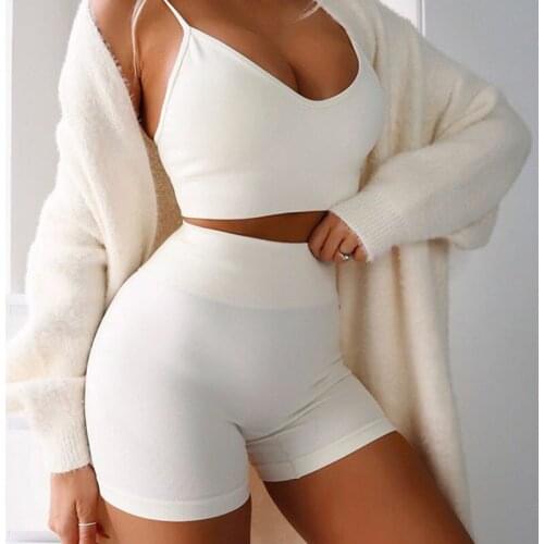 Ladies Casual 2 Piece Set V-neck Crop Top+Shorts Sleeveless Casual Outfits Summer Fashion Women Sports Suit Workout Tracksuits
