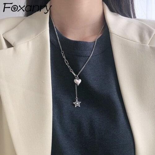 FOXANRY 925 Sterling Silver Sweater Necklace for Women New Trendy Elegant Vintage LOVE Heart Tassel Star Party Jewelry Wholesale