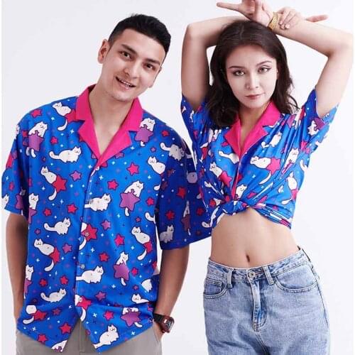 Cascual Shirt Woman Dress Official Original Blue Cat Print Pattern Shirts Turn-Down Collar Unisex Couple Streetwear