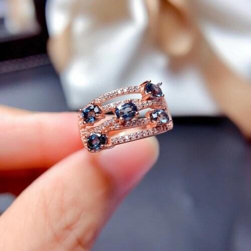 Luxurious big width row geometry Natural London blue topaz Ring S925 Silver Natural Gemstone Ring Womens party gift Jewelry