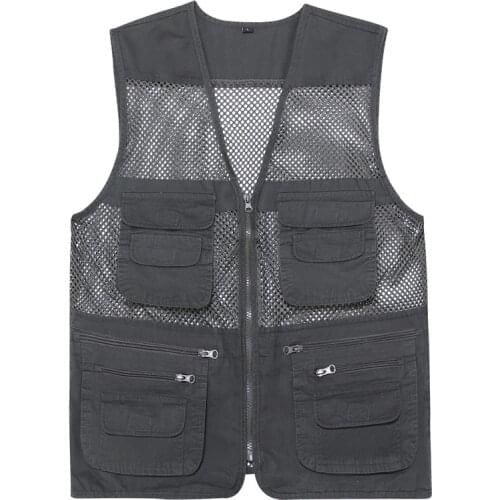New Casual Loose Cotton Men Vest V-Neck Mesh Zipper Sleeveless Mens Jacket Spring Summer Male Vest with Many Pockets