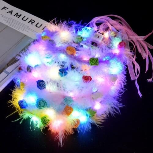 12pcs Princess Fairy Luminous Feather Rose Garland Headband LED Lights Flash Wreath Wedding Night Club Bar Glow Party Supplies
