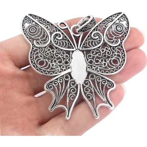 2PCS Antique Large Filigree Butterfly Charms Pendants 22.5x10mm Oval Tray Cameo Cabochon Base Setting for Necklace