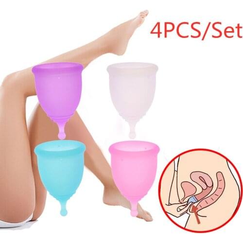 4PCS Medical Silicone Menstrual Cup Feminine Hygiene Menstrual Period Reusable Vaginal Cups With Spong Brush Bag Manual Set
