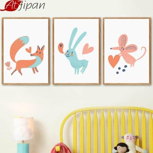 Atfipan Unframed Fox Rabbit Posters And Prints Animal Canvas Painting Nordic Poster Wall Pictures Nordic Kids Room Decoration