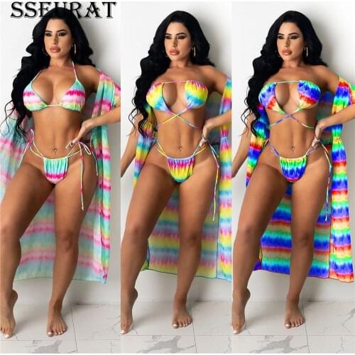 SSEURAT Gradient Tie Dye Print Bikinis Set with Cover-ups Three 2 Piece Set Beach Swimsuit 2021