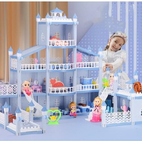 DIY Dollhouse Casa Princess Big Villa Pink Castle Play House With Little Dolls Kit Assembled Doll House Toys for Girls Gifts