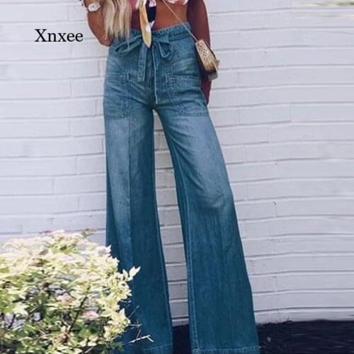 Spring and Autumn Womens Xl Jeans Womens Lace-Up Washed Wide Leg Pants Loose Cotton Casual Fashion Street Style