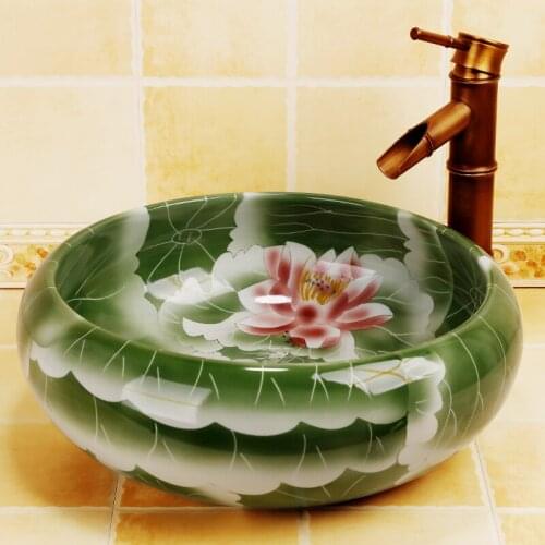 Lotus pattern porcelain bathroom vanity bathroom sink bowl countertop Round bathroom sink wash basin