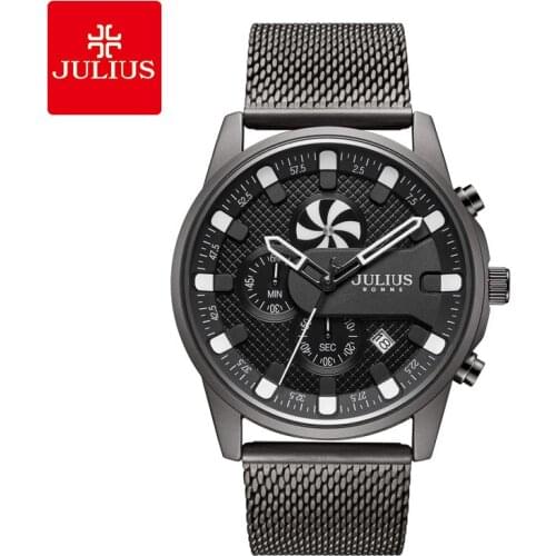 JULIUS Watch JAH-128 Mens Stylish Fashion Cool Watch 3 eyes 6 hands Chronograph Stainless Stell Mesh Band WristWatch
