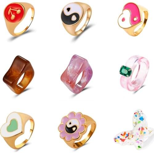 9pcs Set Chunky Enamel Rings Trendy Colorful Finger Ring Colorful for Women Kids Stacking Resin Band Rings Stacked Girls