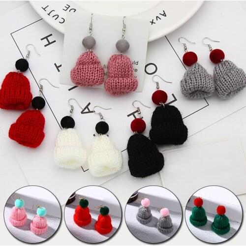 Colorful Mini Knitted Hat Earrings Cute Girls Creative Handmade Hats Earring Personality Trendy Women Christmas Jewelry Gift
