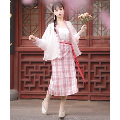 Original Design Summer Plaids Love Womens Chinese Style Hanfu Set: Long Sleeve Trench + Vest + Long Skirt Pink