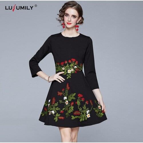 Lusumily Women Embroidery Dress Female Vintage Fashion O Neck Casual Office Dresses Robe Winter Long Sleeve Party Dress Vestidos