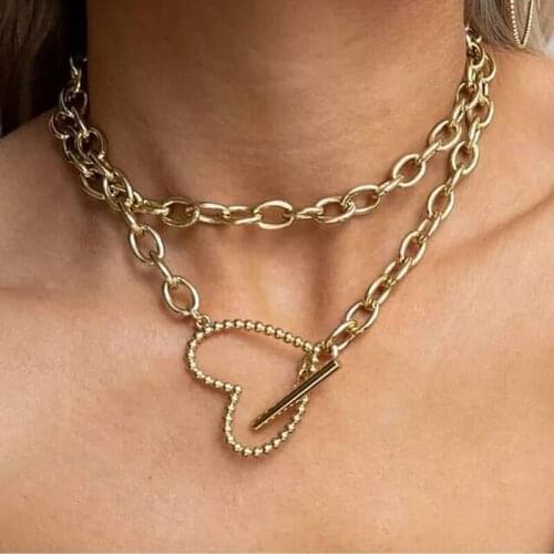 Fashion European Women Chunky Jewelry Gold Color Plated Classic Heart Shaped Toggle Clasp Untique Cuban Chain Choker Necklace