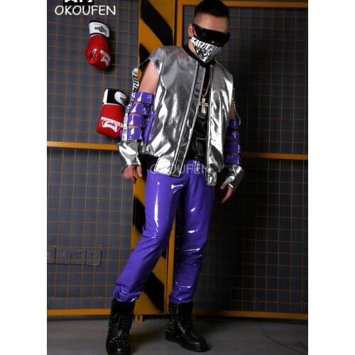 Mens novelty stage costume Cool Hollow Silver Leather Jacket nightclub singer dj stage performance costumes