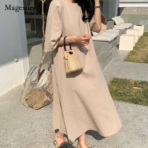 Solid Cotton O-Neck Loose Dress Korean Style Summer Women Dress Office Lady Short Sleeve Loose Waist Long Dress Vestido 14052