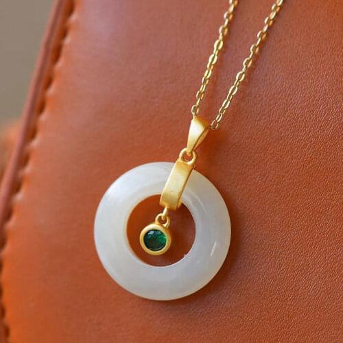 Natural Jade Hotian Jade Pendant Womens Gold Inlaid with Jade Safety Jade Ring Safety Buckle Pendant Jade Pendant Hanging Ornam