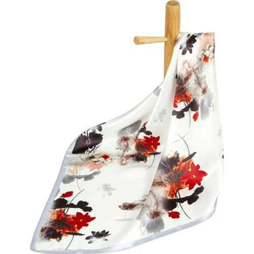 High-quality Pure Silk Scarf Women Bandana Female Hair Scarf Flower Womens Natural Silk Square Neck Headband for Women Lotus